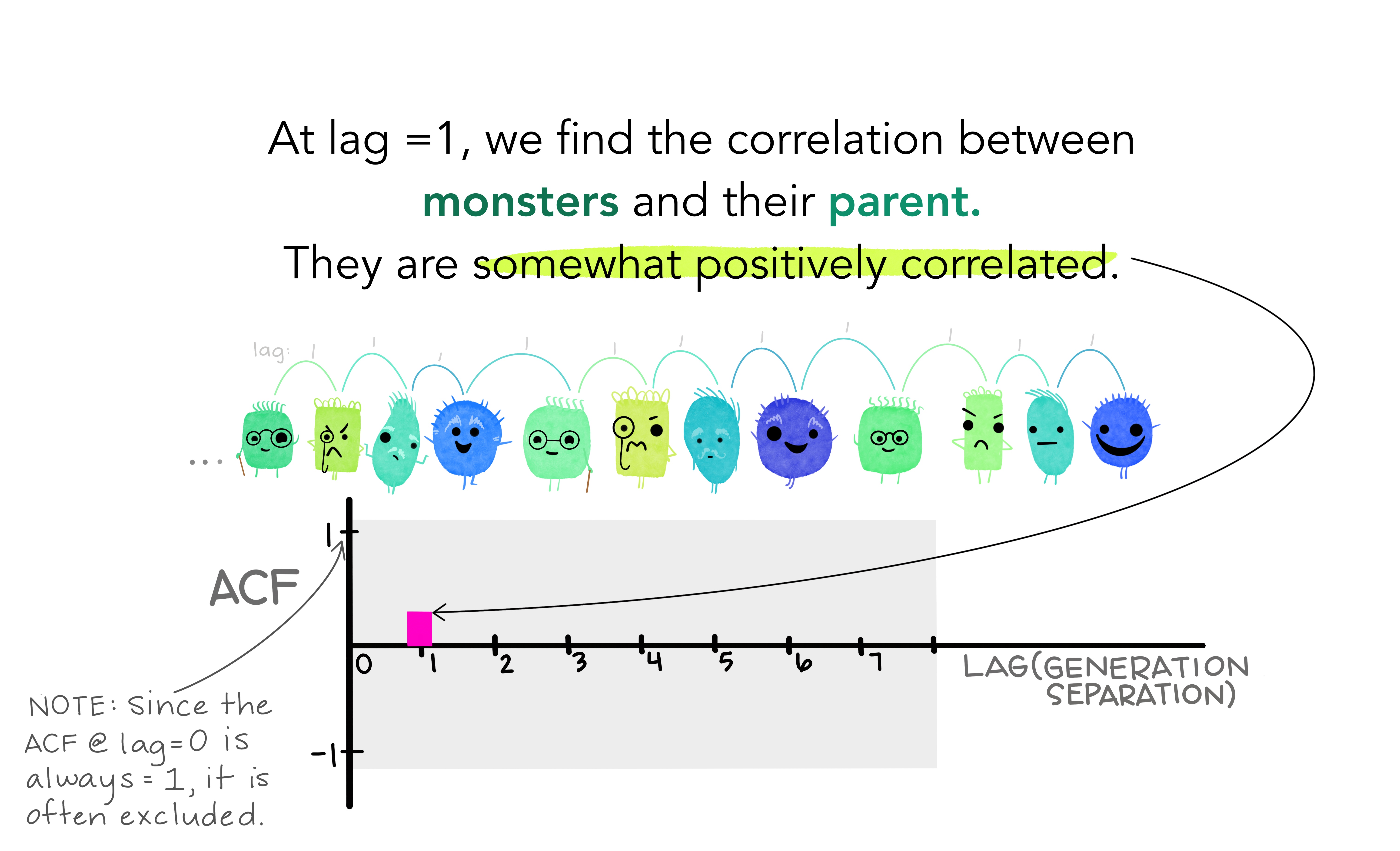 A long series of friendly looking monsters representing generations of their family. An arc with “1” is between each subsequent monster, indicating they are separated by one generation. The text reads “At lag = 1, we find the correlation between monsters and their parent. They are somewhat positively correlated.” The ACF plot area now has a single slightly positive bar (indicating the slight positive correlation) at a value of 1 lag on the x-axis. Additional text reads “Note: since the ACF at Lag = 0 is always 1, it is often excluded.”